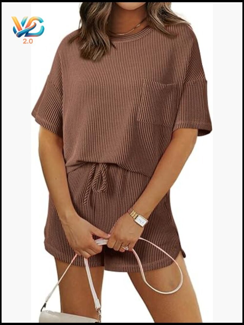 2 Piece Lounge Set Short Sleeve Top High Waisted Shorts Drawstring Waist